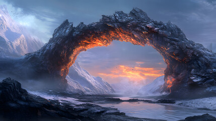A natural rock arch glowing with inner light, set against a dramatic sunset over a serene landscape