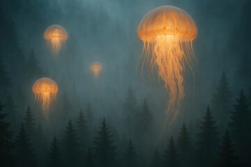 Ethereal jellyfish illuminating misty forest in dreamlike nocturnal scene