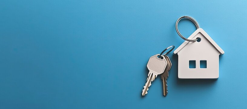 Keys and house charm on a vibrant blue background