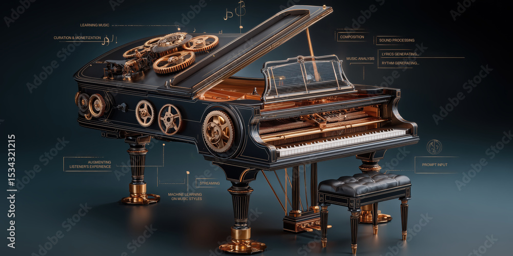 Poster futuristic grand piano with intricate gears and musical notes floating around, symbolizing ai music 