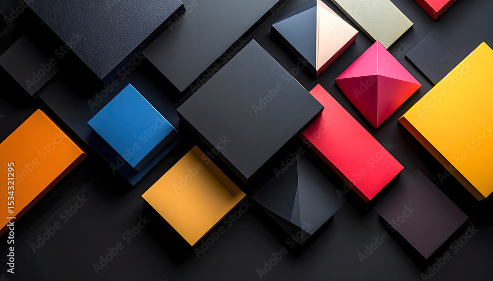 Poster abstract geometric composition with colorful 3d shapes on dark background