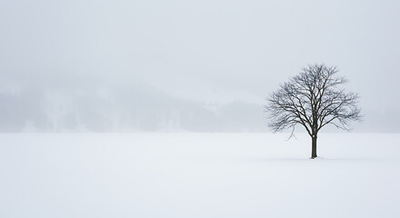 Fototapeta premium Solitary Tree in Winter's Embrace Minimalist Landscape Under Muted Skies Captivating Scene of Peace and Tranquility in the Frozen Expanse