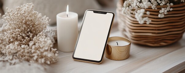 Decorative candle and phone setup cozy home photography indoor aesthetic concept