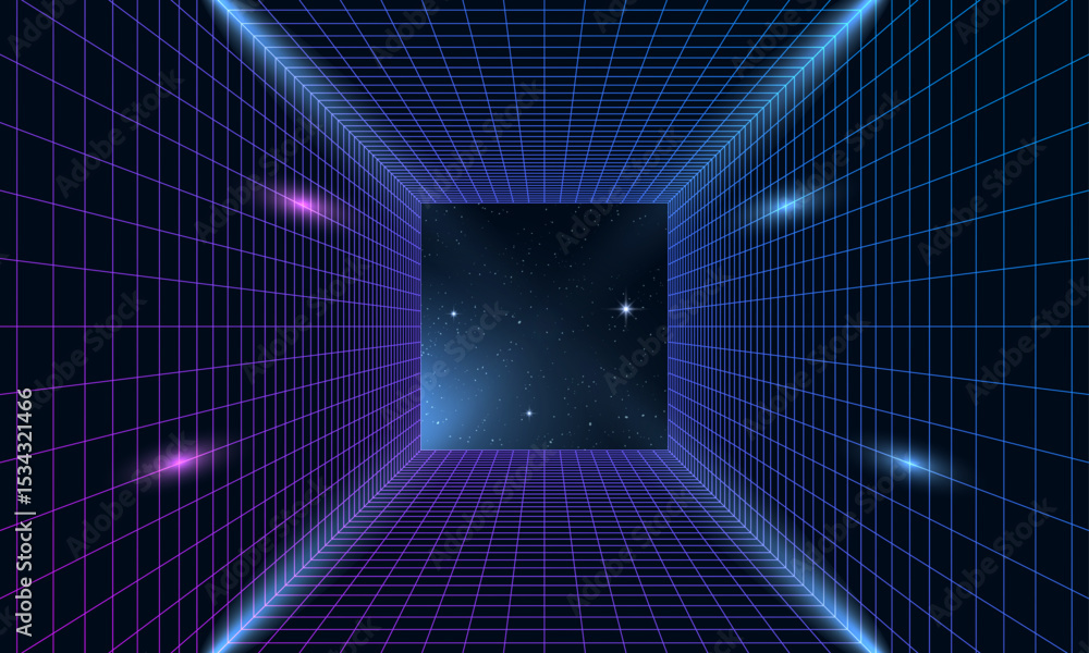 Poster synthwave wireframe net illustration. abstract digital background. 80s, 90s retro futurism, retro wa