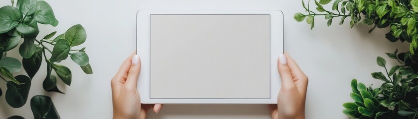 Obraz premium Hands holding a tablet surrounded by green plants in a cozy indoor environment for digital engagement