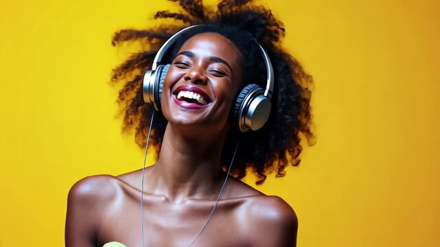 A joyful african american woman listening to music on her headphones, smiling with closed eyes. Happy lifestyle and audio pleasure.