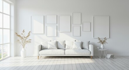 Elegant minimalist living room with white sofa and geometric art frames by bright window