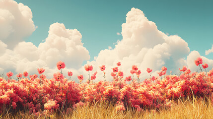 Vibrant Field of Pink Flowers Under a Cloudy Sky