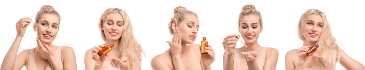 Set of pretty blonde woman with cosmetic oil on white background