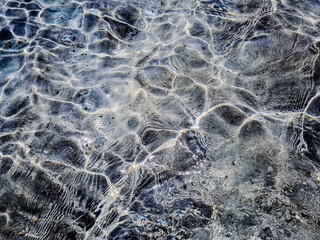 Sunlight reflecting on clear shallow water at a beach in Western Australia. Gentle ripples create a mesmerizing pattern on the sandy bottom.