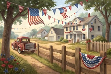 Idyllic american town celebrating independence day with classic trucks and festive decorations