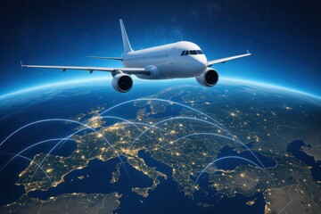 Commercial airplane soaring above europe with nighttime city lights and global network connectivity