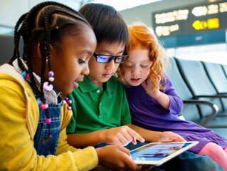 Children engaged in digital learning on tablet at airport waiting area