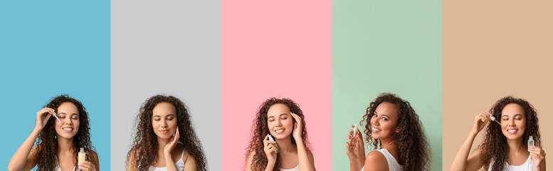 Set of beautiful young African-American woman with cosmetic oil on color background