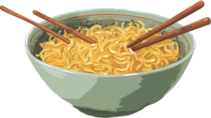 A digital illustration depicts a close-up view of a bowl of yellow noodles. The noodles are piled high in a light green bowl. Three brown chopsticks rest on top of the noodles, partially submerged.
