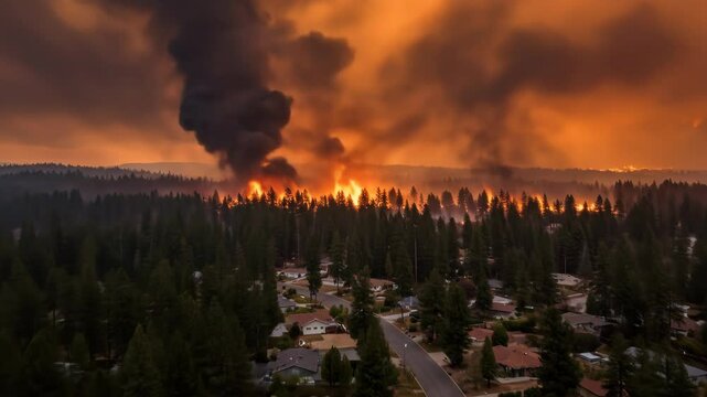 Wildfire raging through dense forest with towering smoke clouds during natural disaster