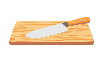 A digital illustration depicts a kitchen knife with an orange handle lying on a light brown wooden cutting board. The knife blade is silver and the wood grain of the cutting board is visible