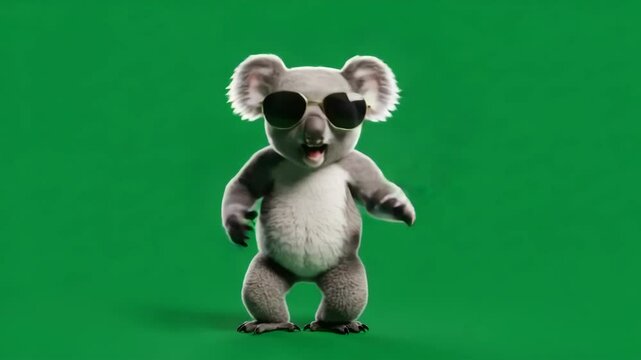 Cool Koala Dancing Against Green Screen - A fun, animated koala bear wearing sunglasses dances against a bright green screen background.