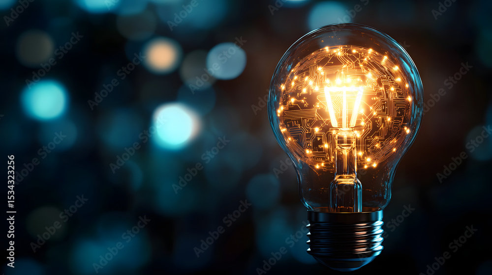 Poster a glowing lightbulb with an illuminated circuit pattern inside, symbolizing innovation and technolog