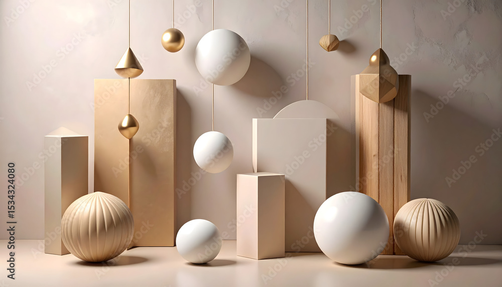 Poster abstract geometric shapes floating vertically on textured background