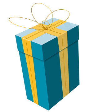 illustration cadeau de noel, illustr&eacute; fait main ,fond transparent png, papier cadeau bleu et ruban jaune isom&eacute;trique.