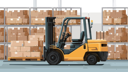 The image shows a yellow forklift positioned in a warehouse setting. The forklift is carrying a pallet of stacked cardboard boxes.  The background shows numerous additional stacked cardboard boxes
