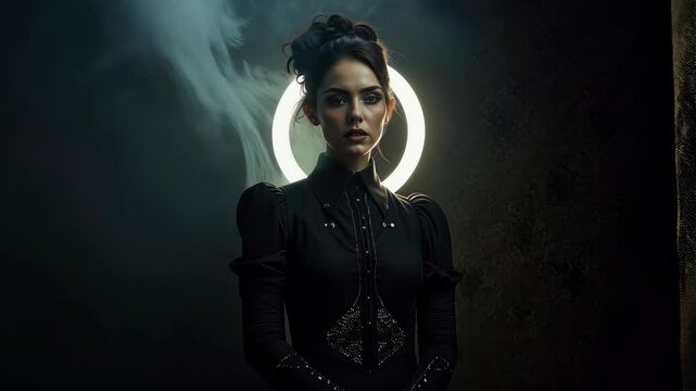 Dramatic portrait of a woman with intense eyes, framed by a glowing circular light against a dark, moody background