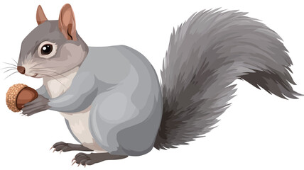 A digital illustration of a grey squirrel sitting on a white background. The squirrel is depicted in a cartoonish style with soft, muted grey fur. It holds an acorn in its paws.  The illustration