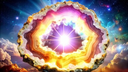 Surreal geode with starburst emitting light, surrounded by clouds, nebula and stars in cosmic sky - Powered by Adobe