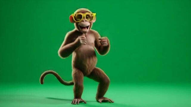Playful Monkey in Yellow Sunglasses on Green Screen - A cheerful 3D-video monkey wearing yellow sunglasses is shown crouching playfully against a bright green screen background.