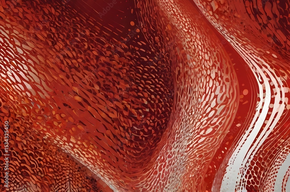 Poster wavy transition of vertical halftone lines flows diagonally across glowing red canvas vector abstrac