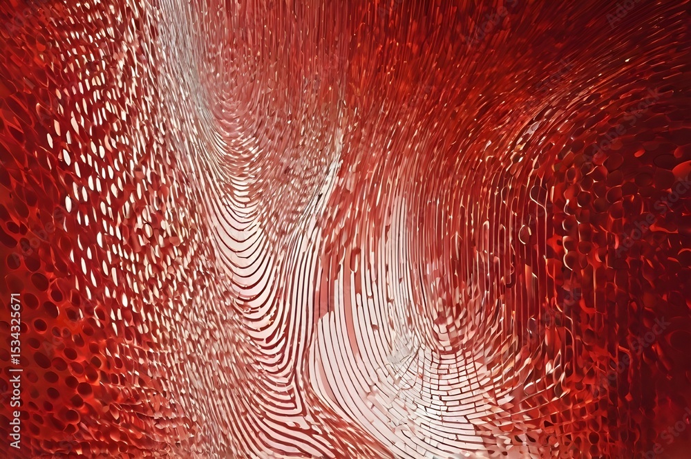 Poster wavy transition of vertical halftone lines flows diagonally across glowing red canvas vector abstrac