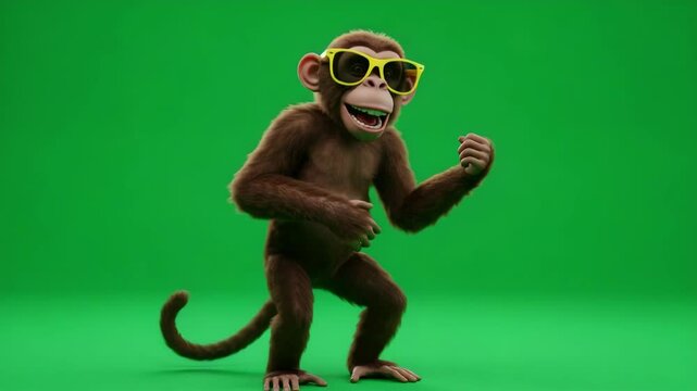 Funky Monkey Dancing on Green Screen - A playful 3D-animated monkey wearing yellow sunglasses dances on a bright green screen background.