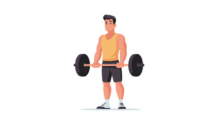 Illustration of a man lifting a barbell. The man is depicted in a cartoonish style with simplified features.  He is wearing a yellow tank top and dark grey shorts. His expression is neutral.