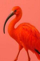 Obraz premium Scarlet Ibis with Striking Red-Orange Plumage and Curved Beak Against a Soft Pink Background