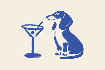 Dachshund and martini glass sketch style vector illustration	