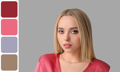 Beautiful young woman with stylish makeup on grey background. Different color patterns