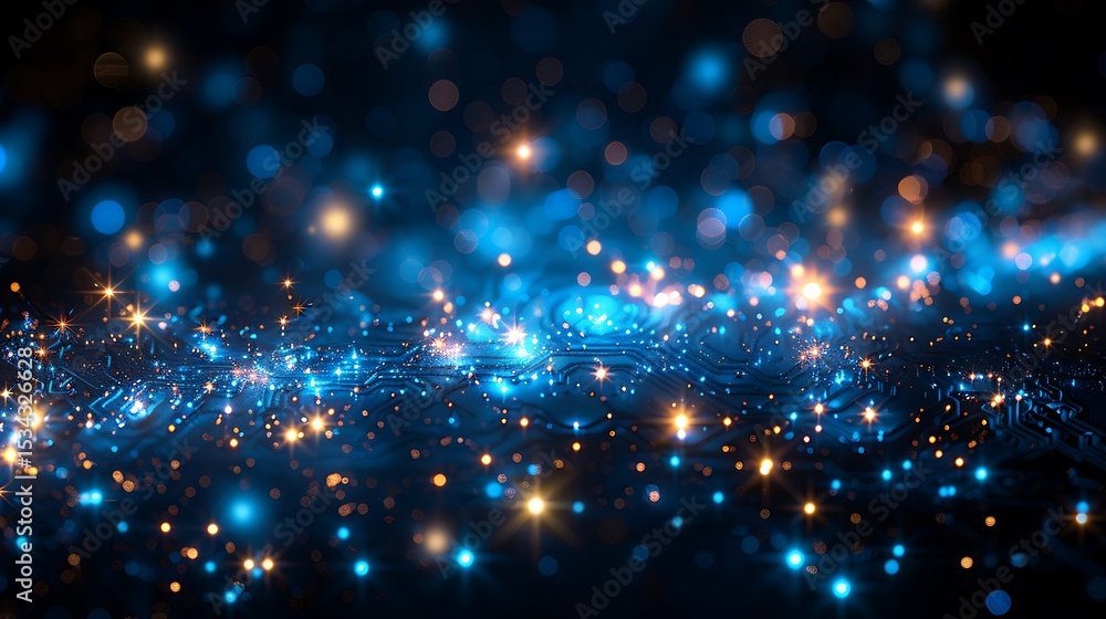 Wall mural a sparkling blue and gold abstract background with glowing lights, reminiscent of a digital circuit 