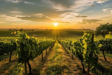 Fototapeta premium A vineyard at sunset, rows of grapevines stretching towards the horizon