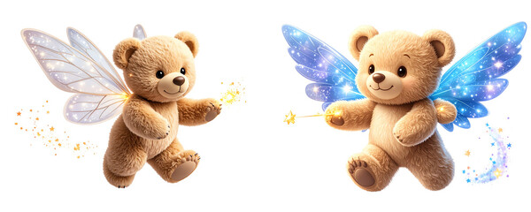 Set of Teddy Bear with Tiny Fairy Wings and Sparkle Dust, Magical Character, isolated on a transparent background 