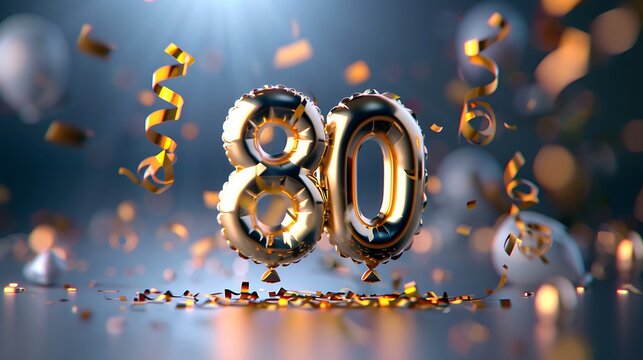 Gold "80" balloons with festive confetti and curling ribbons in a dramatic setting