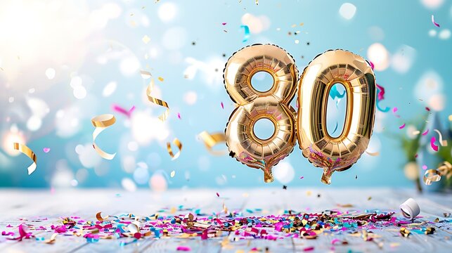 Golden 80th birthday balloons with confetti and festive background