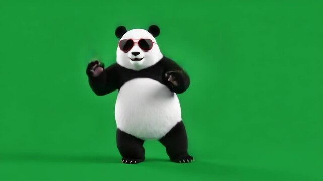 Cool Panda Dancing on Green Screen - A fun, cartoon-style panda bear wearing heart-shaped sunglasses dances against a bright green screen. The panda is video in 3D and appears lively and playful.