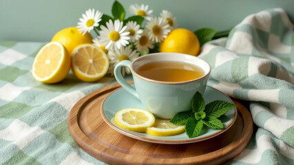 A cup of herbal tea with lemon slices on an organic linen tablecloth with a bouquet of chamomiles