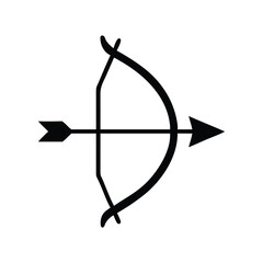 Minimalist Black and White Bow and Arrow Illustration Clean Lines, Curved Bow, and Right Facing Arrow on Whit.
