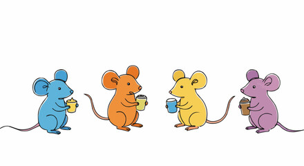 Four cute colorful mouse holding cups, enjoying drinks and looking at each other. 