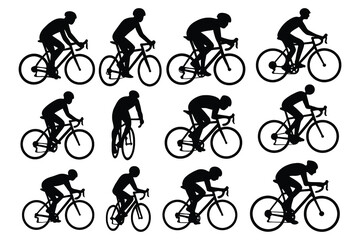 Twelve cyclist silhouettes riding bikes isolated on white background