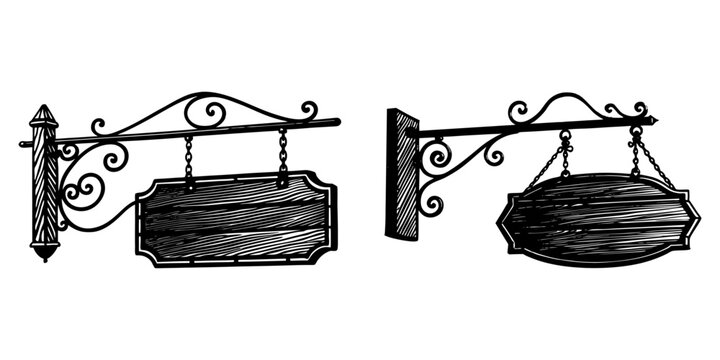 Aged wooden hanging sign swinging from a black wrought-iron bracket, outside a country-style café