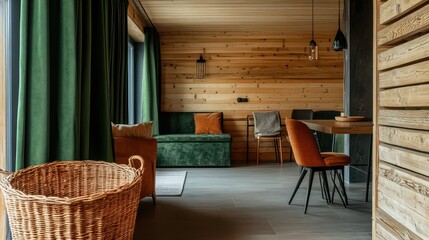 Cozy cabin interior with wooden walls and emerald curtains