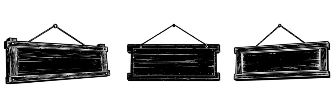 Distressed rectangular wooden sign on a weathered wall, empty and sunlit